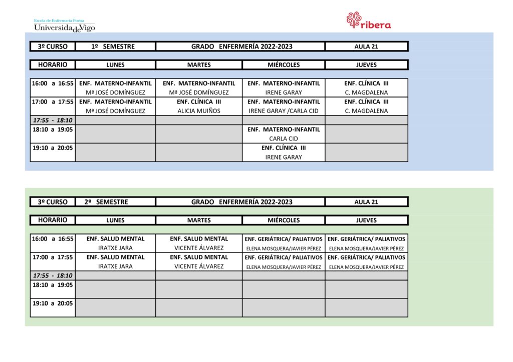 Horarios clase grado de enfermería