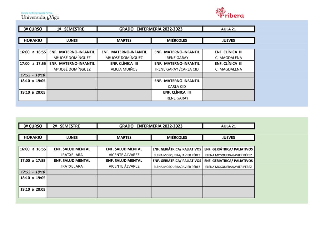 Horarios clase grado de enfermería