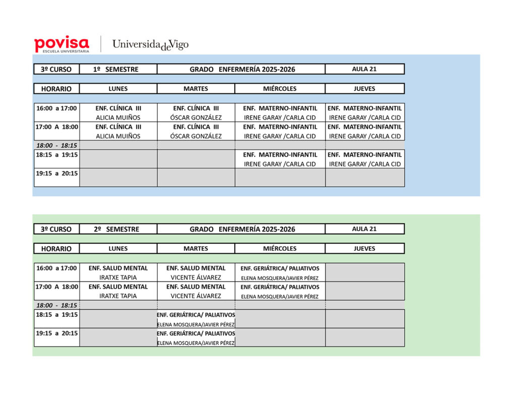 Horarios enfermería 3 curso